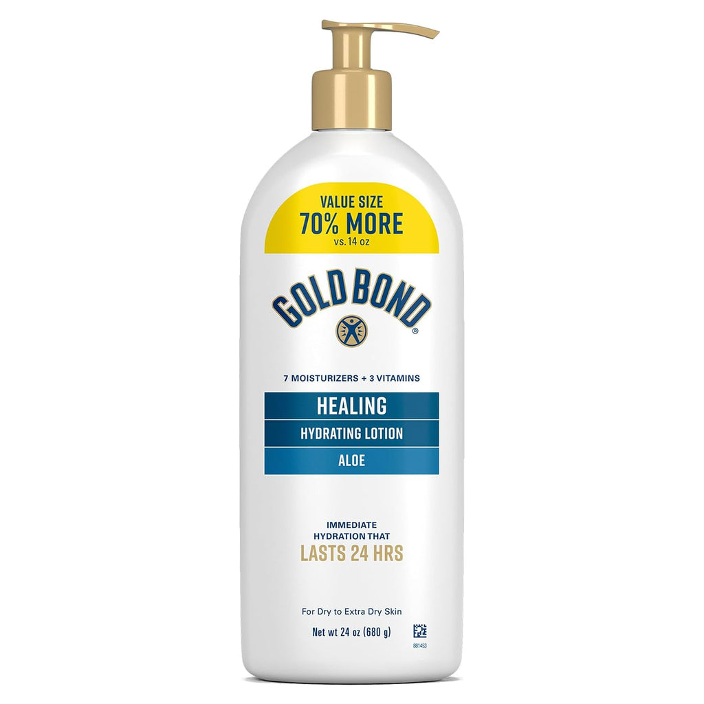 Gold Bond Healing Hydrating Body Lotion with Aloe, Moisturizer for Dry to Extra Dry Skin, 24-HR Hydration to Soothe & Comfort, Non-Greasy, Dermatologist-Tested, Light Scent, 24 Oz Family Size Pump